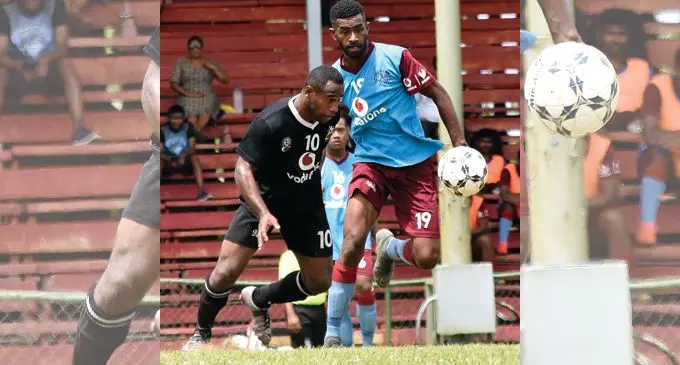 Ba striker Savenaca Nakalevu (left) finds a gap as Nasinu defender Leone Damudamu closes in during the Vodafone Premier League clash at Ratu Cakobau Park, Nausori, on November 1,,2020. Nasinu take on Navua while Ba face Labasa this weekend.  Photo: Fiji FA Media