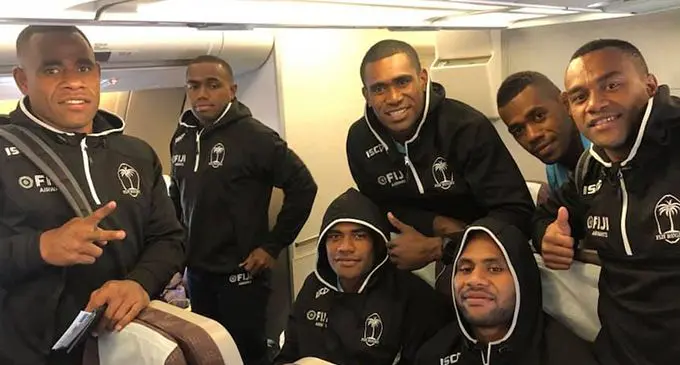 Fiji Airways Fijian reps (sitting left-right) Apenisa Cakaubalavu, Vilimoni Botitu (standing left-right) Waisea Nacuqu, Aminiasi Tuimaba, Isoa Tabu and Alosio Naduva on the Korean Air flight to London on May 16, 2019.