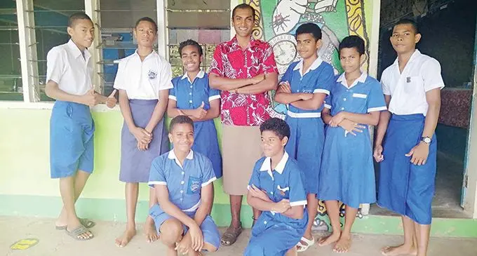 Year 8 students of Sawaieke District School with their teacher, Shonal Sami.