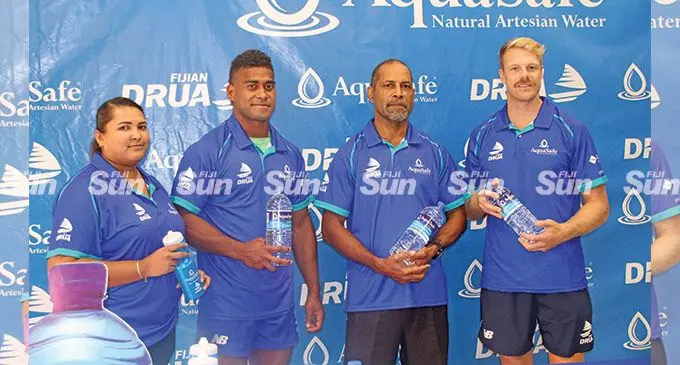 From left: Pleass Global Limited Human Resource and Purchasing officer Sheenal Chand, Swire Shipping Fijian Drua player Tuidraki Samusamuvodre, Pleass Global senior manager Elia Malo and Drua’s Baden Kerr during the official signing of Pleass Global sponsorship at Albert Park, Suva, on April 28, 2022. Photo: Kelera Sovasiga