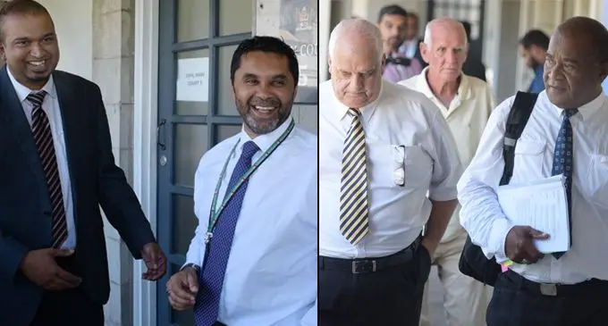 FBC Lawyer Emmanuel Narayan (left) and FBC chief executive Riyaz Sayed-Khaiyum Opposition Member of Parliament Niko Nawaikula with his two witnesses Mick Beddoes  and Richard Lucas outside High Court on March 3, 2020.  Photo: Ronald Kumar