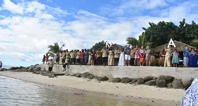 Guests and staff at Nanuya Island Resort in Yasawa Group.