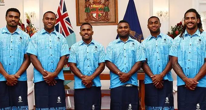 From left-right: Iosefo Masi, Jeremaia Matana, Terio Tamani, Jerry Tuwai, Vuiviawa Naduvalo and Selestino Ravutaumada at the State House in Suva on June 28, 2024. Photo: Team Fiji 