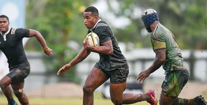 Fijian Drua development player Aisea Tuisese (with ball) plays for Black Diamond in the Tara’s Supermarket Nausori 10s at Ratu Cakobua Park in Nausori on April 12, 2025. Photo: Josua Buredua