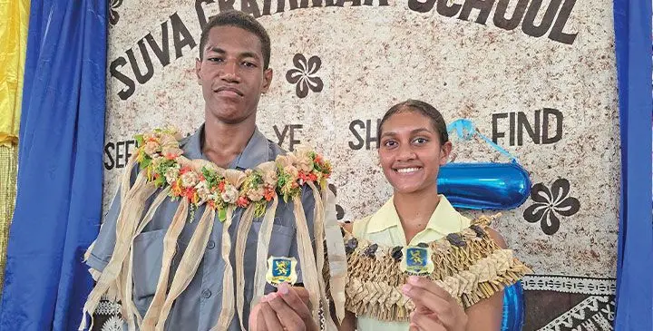 Head boy Inoke Rabukawaqa and head girl Matilda Simpson after the prefect induction ceremony at Suva Grammar School on March 6, 2025. Photo: Sosiveta Korobiau