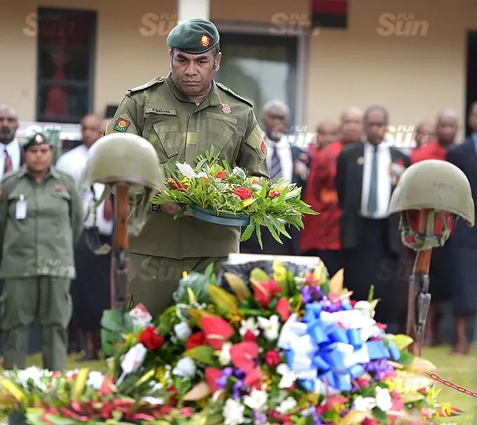 3FIR comannding officer, Lt. Col. Ben Naliva while laying the wreath to mark the 2000 mutiny at QEB on 2, November 2021. Photo: Ronald Kumar.