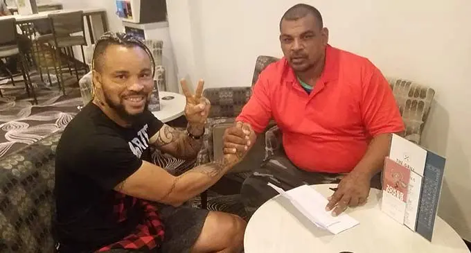 From left: King Davidson with South Pacific Boxing Promotions promoter Fred Chand in Sydney, Australia, on December 11, 2022. The Nigerian born Davidson takes on Isikeli Senidoko in a six-round contest in Nadi, this Saturday. Photo: SPBP