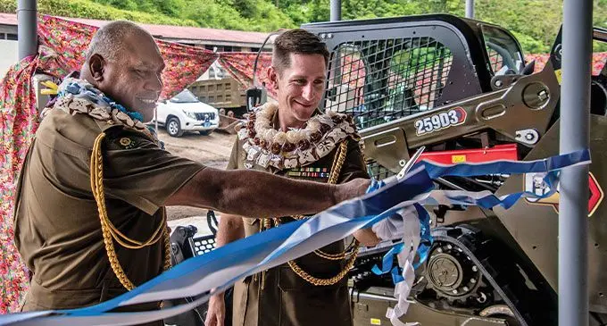 Commander Land Force Colonel Onisivoro Covunisaqa with the Australian Defence Force Defence Attaché Colonel Kane Wright at the handingover ceremony. The donated items will be utilised by the Republic of Fiji Military Forces (RFMF) Engineers Regiments Support Squadron to assist national objectives in supporting rural economies by allowing road access to commercial markets and accessing essential services