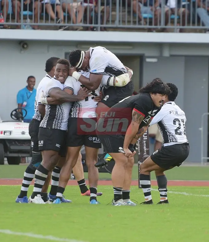 Fiji Airways Flying Fijian celebrate Waisea Nayacalevu  second and their final try against and Maori All Blacks test match on July 13, 2019.Photo: Ronald Kumar.