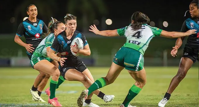 Bulikula captain Talei Holmes leads the attack against against Cook Islands in their Pacific Bowl Championship match on October 26, 2024. Photo: Leon Lord