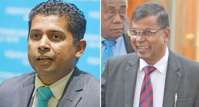 Registrar of parties Mohammed Saneem left and National Federation Party Leader Biman Prasad 