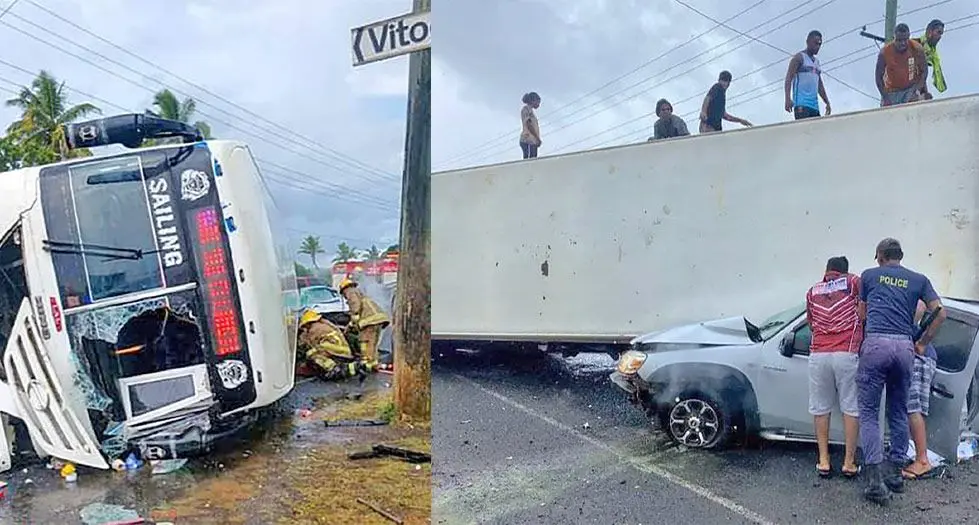 The Goundar Shipping bus travelling towards Ba lies on its side after colliding with a four-wheel drive vehicle along King’s Road in Vitogo, Lautoka on November 13, 2024. 