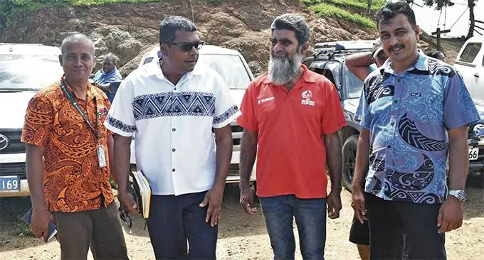 Minister for Agriculture, Rural and Maritime Development, Waterways and Environment Mahendra Reddy and senior agriculture officers with goat and cattle farmer, Shah Gul, in Vusu, Nadroga. Photo: DEPTFO News