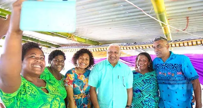 Prime Minister Voreqe Bainimarama joins a selfie group photo with Navuloa villagers in Levuka, Ovalau on July 14, 2020. Photo: Kelera Sovasiga