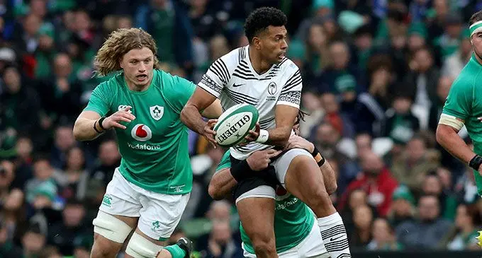 Flying Fijians first five eight Ben Volavola sets up play against Ireland at the Aviva Stadium in Dublin on November 12, 2022. Photo: AFP