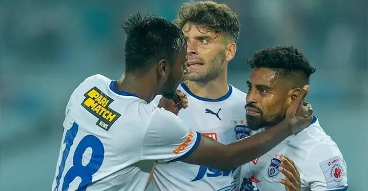Roy Krishna (right) is mobbed by his Bengaluru FC team-mates for scoring the winning goal against ATK Mohun Bagan in the Indian Super League on February 4, 2023. Photo: ISL