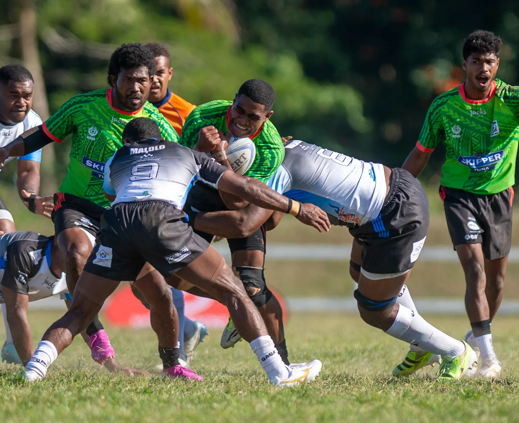 Malolo halfback Jone Waqanivalu (9) tackles against Taveuni during their Skipper Cup opener at Lawaqa Park, Sigatoka, on August 1, 2026. Malolo won 24-23. Photo: Leon Lord