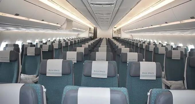 Interior of the economy class of the Fiji Airways A350 during the arrival ceremony at the Nadi International Airport yesterday. Photo: WAISEA NASOKIA