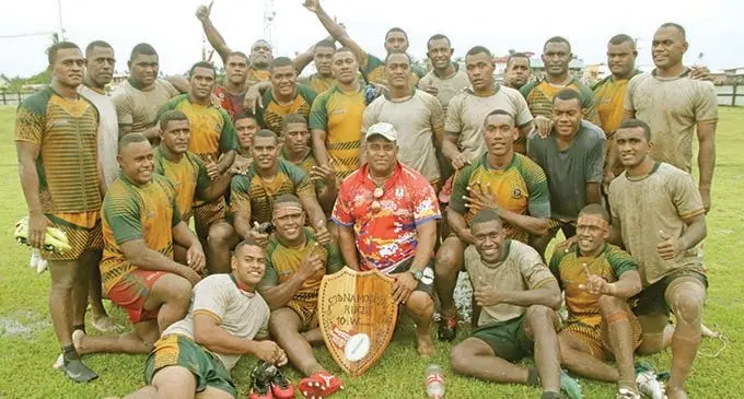 Wardens One and Wardens Two players and officials after the Cup final of the Namosi Rugby Union 10s tournament at Thompson Park, Navua, on February 27, 2021.  Photo: Namosi Rugby Union