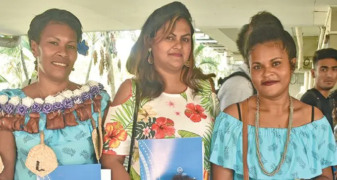 Fiji National University’s National Training and Productivity Centre graduates (from left): Sainimere Valeria, Warsha Sharma, Alumita Tabua with her daughter. Photo: Mereleki Nai