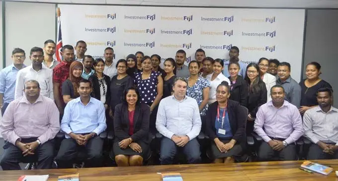 Investment Fiji chief executive Godo Muller- Teut (sitting centre) with staff from Fiji Independent Commission Against Corruption  and Investment Fiji after the Anti-Corruption Training in Suva on Thursday, February 8, 2018.  Photo: Investment Fiji