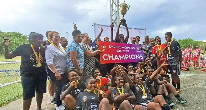 Ba women’s football players with officials after winning the Digicel Women’s Interdistrict Championship final at Prince Charles Park, Nadi, on November 27, 2022. Photo: Waisea Nasokia