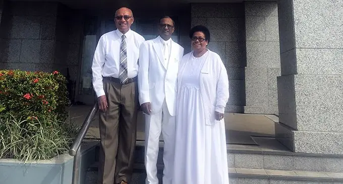 From left: Bishop Inosi Naga, President Anil Bhan and Sister Bhan at the Suva Fiji Temple.  Photo: Nemani Delaibatiki