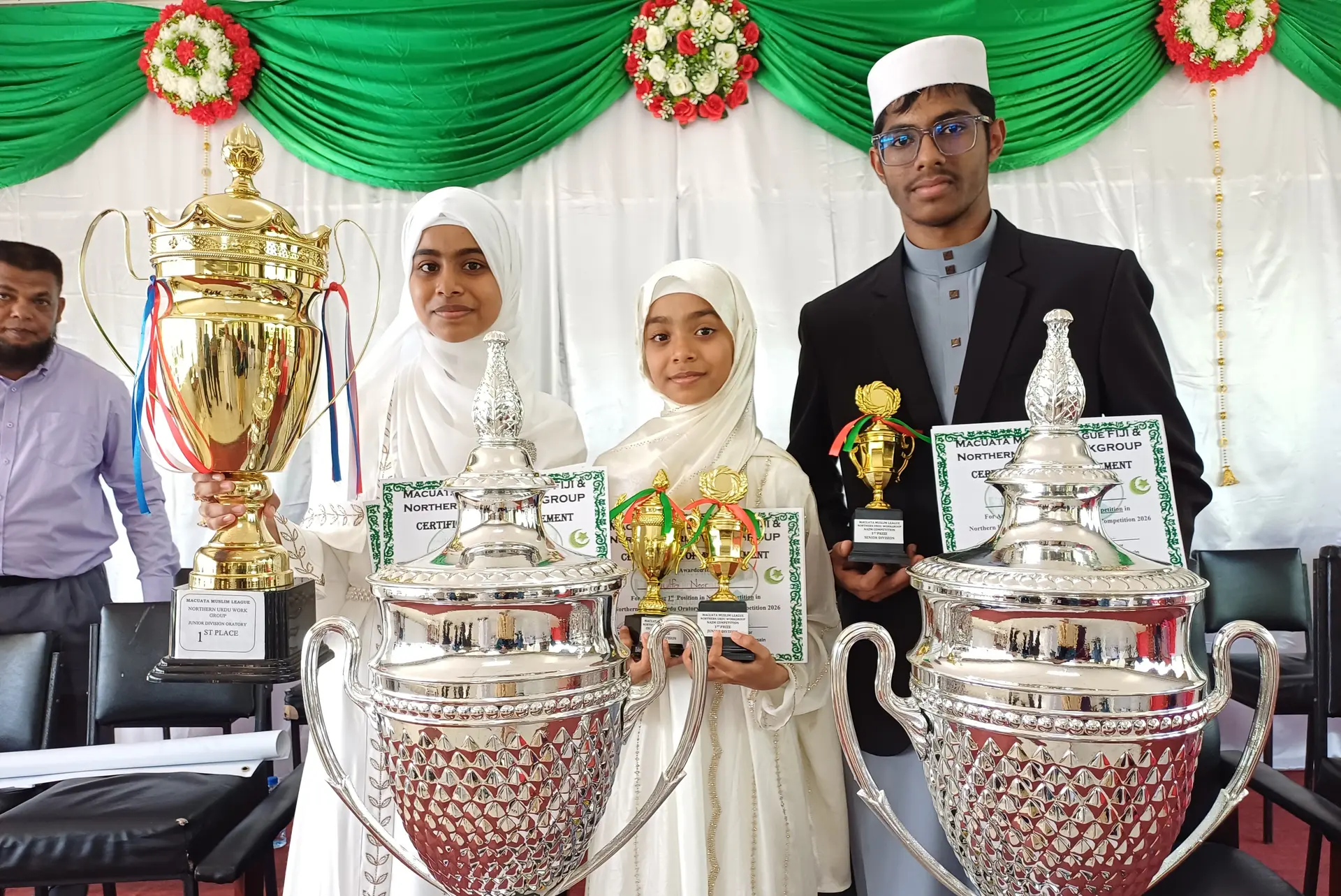 From Left: Northern Urdu Workgroup winners, Azka Noor, Julfa Noor and Ubaidullah Ahmed with their awards at Labasa Muslim College on June 3, 2026.