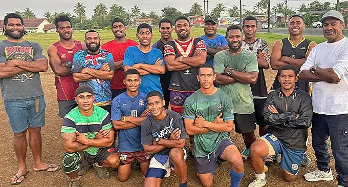 Dee Cees Nadera Panthers rugby league team with head coach Vula Dakuitoga (standing, right) before training in Nasinu. Photos: Supplied