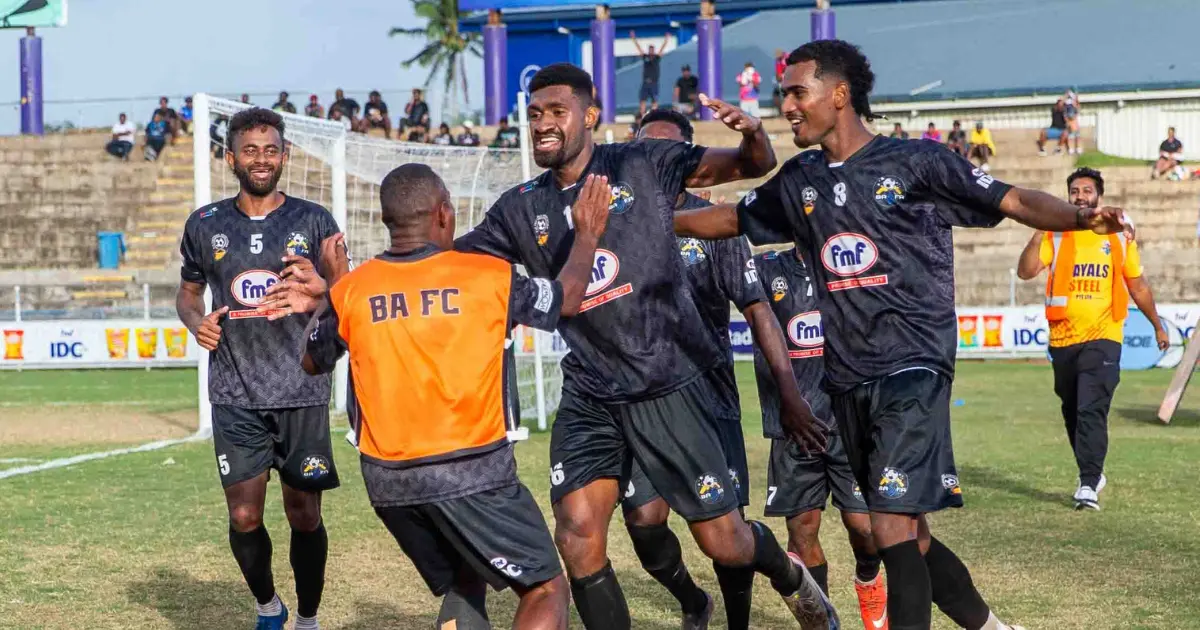 Ba FC players celebrate after winning the 2026 Inter-District Championship. 