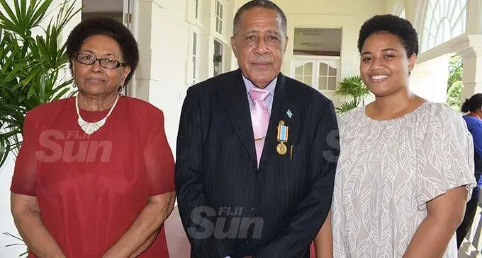 Former Prime Minister Tevita Momoedonu (middle) with granddaughter Adi Vani Momoedonu (right) and wife Kolora Momoedonu (left) after receiving his 50th anniversary of Independence commemorative medal at State House on October 28, 2020. Photo: Ronald Kumar