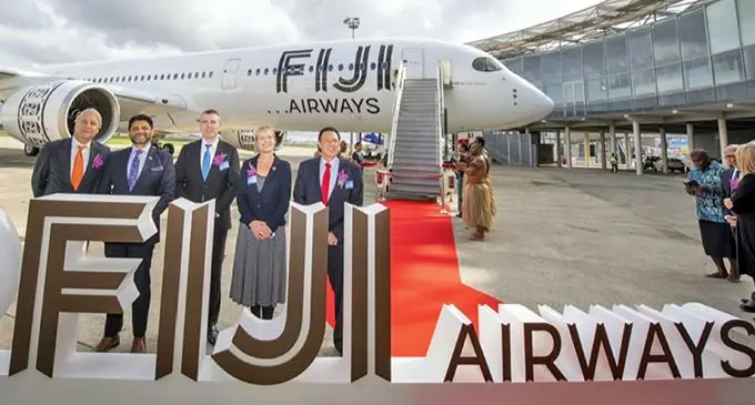 From left: Airbus Chief Commercial Officer Christian Scherer, Attorney-General and Minister responsible for Civil Aviation, Aiyaz Sayed-Khaiyum, DAE Capital President Dave Houlihan, Senior Vice President at Rolls-Royce Jacqueline Sutton and Fiji Airways managing director and chief executive officer, Andre Viljoen at the Airbus factory in Toulouse, France on November 15, 2019. With the new Fiji Airways A350 XWB in the background.