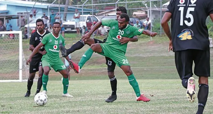 Nadi striker Sakaraia Naisua tries to control the ball as Ba defender Kalaveti Sivoi challenges him during the Vodafone Premier League clash at Fiji FA Academy in Ba on October 24, 2020. Nadi won 1-0. Photo: Fiji FA Media