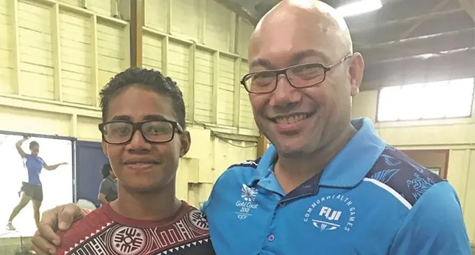 From left; Adi Wini Mekula and Fiji Weightlifting fitness trainer Henry Elder at the National Fitness Centre in Suva on April 20, 2019. Photo: Grace Narayan