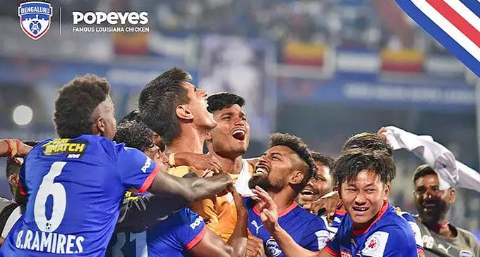 Roy Krishna (second from right) celebrates with his Bengaluru FC team-mates after booking a spot in Sunday’s Indian Super League final against ATK Mohun Bagan. Photo: Bengaluru FC