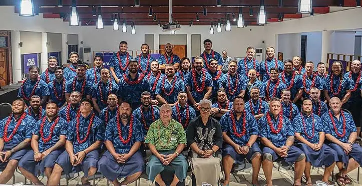 Prime Minister Fiame Naomi Mata’afa (sixth from left) and Minister of Education, Seuula Ioane Tuaau attended a service (faigalotu) with The Manu Samoa team on Monday. Photo: Samoa Observer
