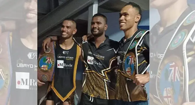 Fiji super featherweight champion Umbayd Haider, Sebastian Singh and Fiji light heavyweight champion Paulo Ratumaikoro. Photo: Supplied.   