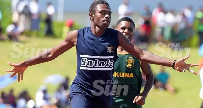 Sammy Garae of LDS celebrates his senior boys 800 meters final at ANZ Stadium on 28, 2020. Photo: Ronald Kumar.