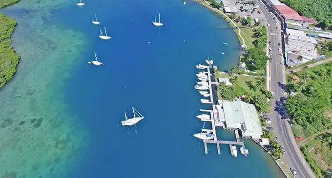 An aerial view of Savusavu Town and its lagoon.
