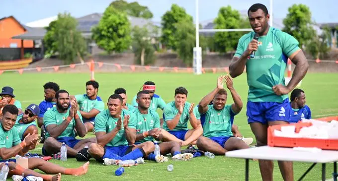 Swire Shipping Fijian Drua captain Nemani Nagusa (holding the mic) after their first trial in Ballina, NSW, Australia on January 30, 2022. Photo: Fijian Drua