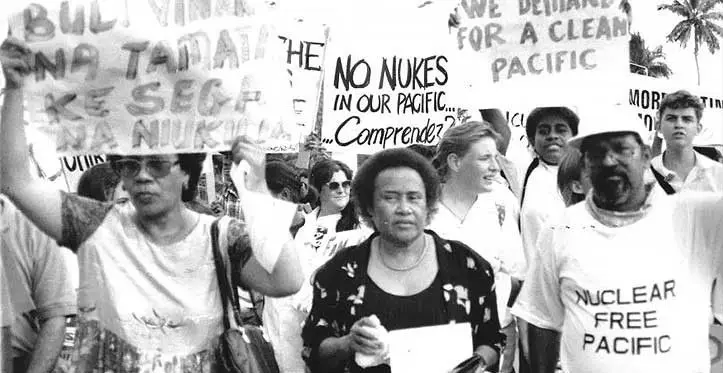 Meraia Taufa Vakatale (centre) at an anti-nuclear protest march in 1995 (Photo supplied by the Vakatale family)