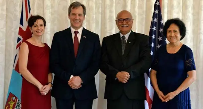 New United States of America Ambassador to Fiji Joseph James Cella, wife Kristen, President Major General (Ret’d)Jioji Konrote and wife Sarote at the State House in Suva on December 23, 2019. Photo: DEPTFO News