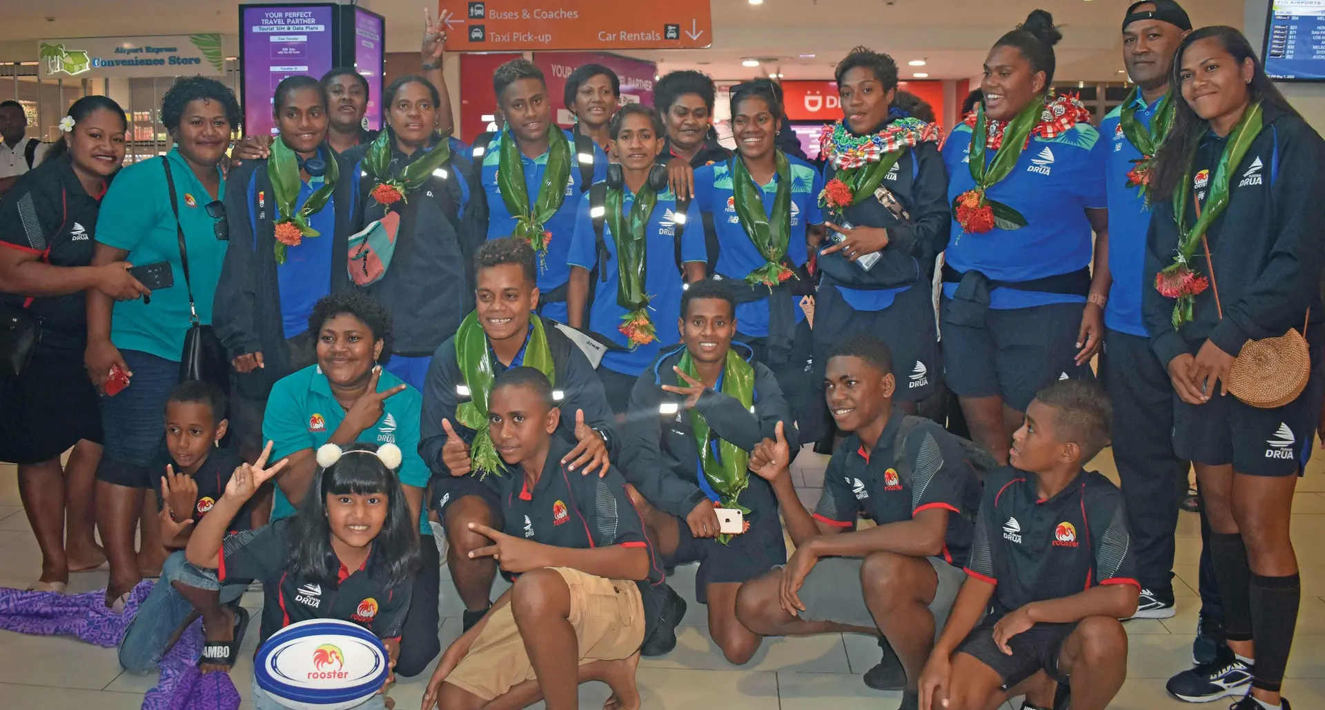Twelve members of the Rooster Chicken Fijiana Drua arrived in Nadi last night and were greeted by supporters and family members. Photo: Waisea Nasokia