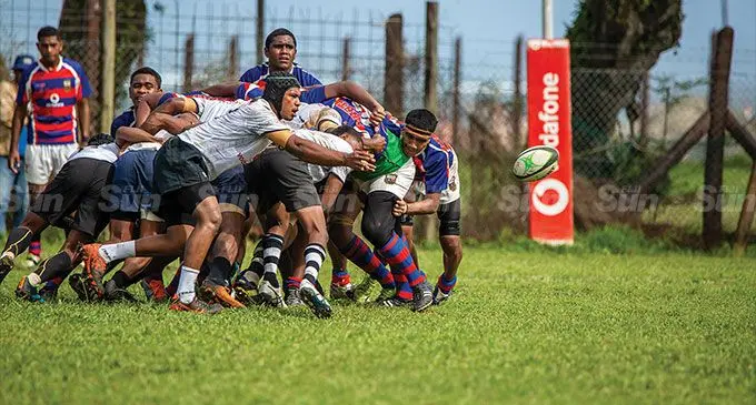 Nasinu Secondary School Number 8 Paul Augustine clears the scrum againsts Marist Brothers High School during their Vodafone Deans Cup match at the Suva Grammar School grounds, Nasese on July 30, 2022. Photo: Leon Lord