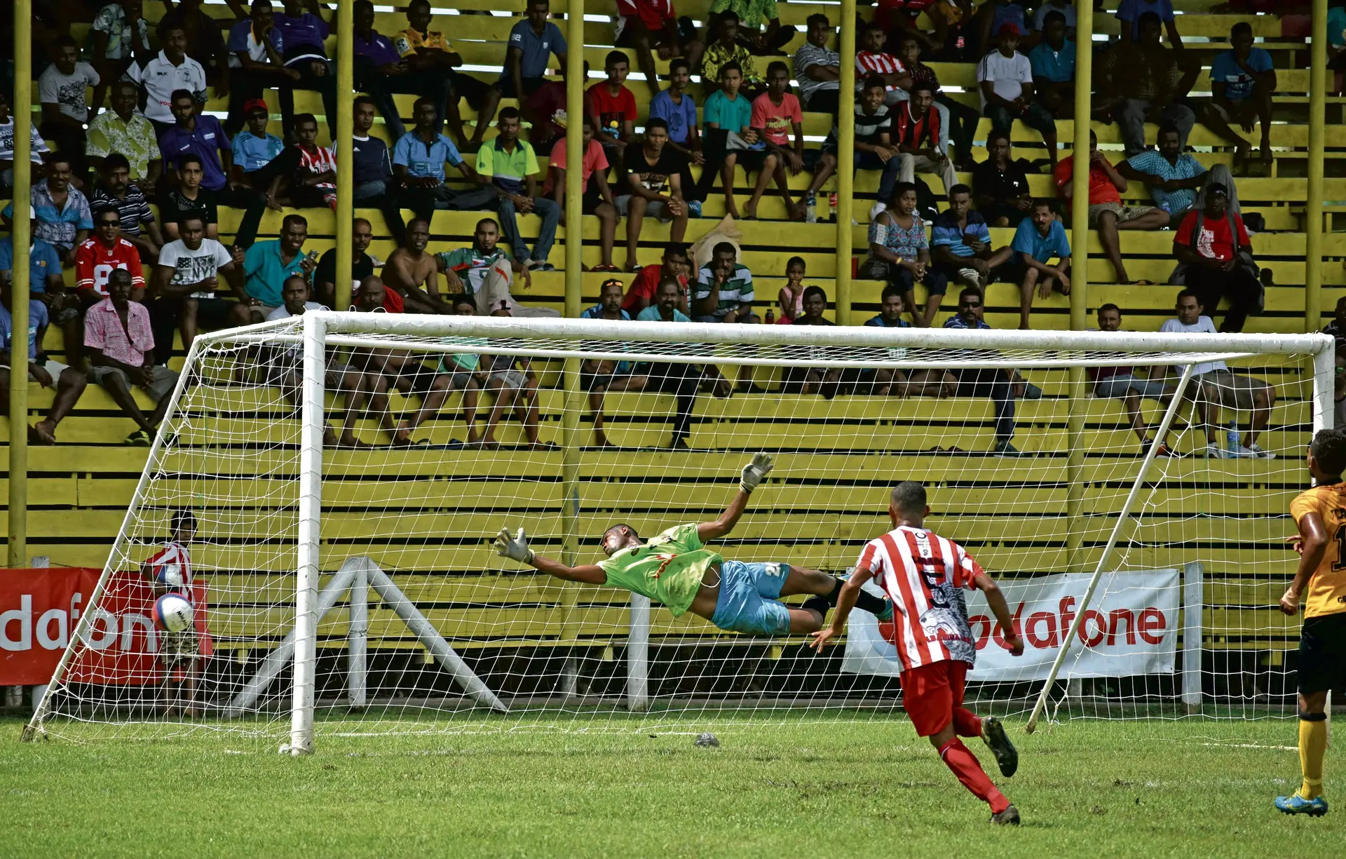 Tavua goal keeper Jovilisi Borisi missed a goal made by Labasa player Ashneel Raju in the Vodafone Premier League at Subrail Park in Labasa on February 24. Photo: Shratika Naidu