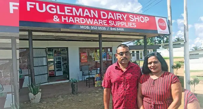 Suresh Chand, with his wife, Sandhya Devi, in front of their shop in Volovi, Labasa, on June 3, 2022. Photo: Shratika Naidu