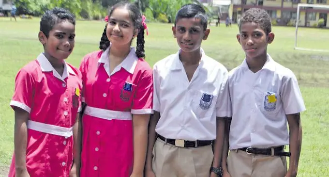 (From Left-Right) Deputy Heaggirl Alanieta Navolo, Headgirl Shaesta Bano, Headboy Vishayat Chand and Deputy Headboy Anare Kaveni after the induction at Shri Guru Nanak Khalsa Primary School in Labasa February 20, 2018. Photo: WATI TALEBULA