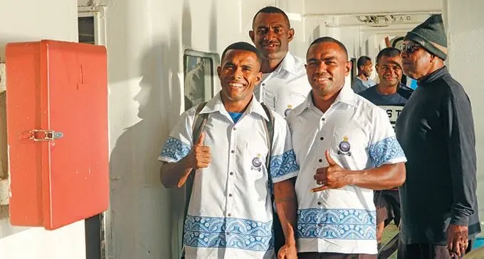 From left: Terio Tamani, Rusiate Nasove and Waisea Nacuqu of Police Blue onboard the ferry on their way to Savusavu on March 17, 2021. Photo: FRU Media