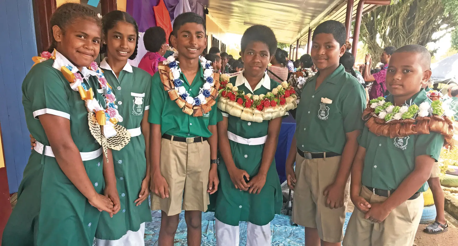 From left: Ahmadiyya Muslim Primary School deputy headgirls Virisine Talakinona, Prishanta Sharma with headboy Tushal Prasad, headgirl Akesa Domowai and deputy headboys Zsaderick Maya and Ilaiti Bulai.   Photo: Losirene Lacanivalu.