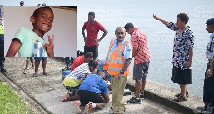 Police and first responders trying to revive the boy at Suva foreshore near Nasova Police Academy on October 11, 2019. Photo: Ronald Kumar. Insert: Late Marika Bolavucu Jr.